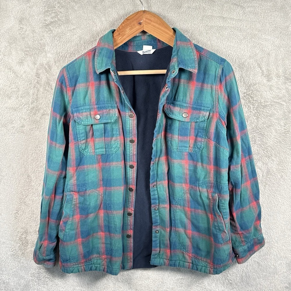 Duluth Fleece Lined Flannel Shirt Jacket Shacket Womens L Plaid Green Pockets